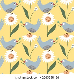 Abstract Hand Drawing Cute Birds Pigeons and Daisy Camomile Flowers Leaves Seamless Vector Pattern Isolated Background