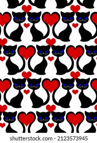 Abstract Hand Drawing Cute Black Cats and Red Hearts Seamless Vector Pattern Isolated Background