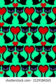 Resumen Dibujo a mano Cute Gatos Negros y Corazón Rojo Patrón Vector sin Maravilla Fondo aislado