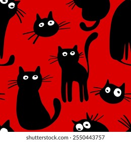 Mão abstrata desenho bonito preto gatos sem emenda vetor textil padrão tecido Design com fundo isolado