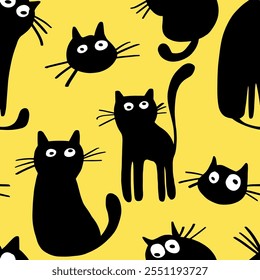 Abstract Hand Drawing Cute Black Cats Seamless Vector Textile Pattern Fabric Design with Isolated Background