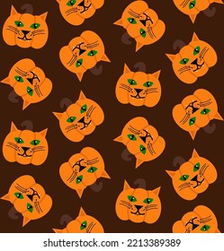 Abstract Hand Drawing Cute Cat Face Pumpkins Halloween Concept Seamless Vector Pattern Isolated Background