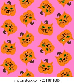 Abstract Hand Drawing Cute Cat Face Pumpkins Halloween Concept Seamless Vector Pattern Isolated Background
