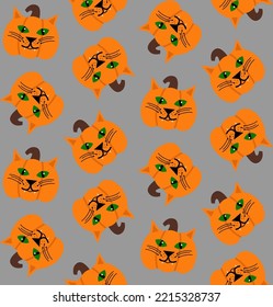 Abstract Hand Drawing Cute Cat Face Pumpkins Halloween Concept Seamless Vector Pattern Isolated Background