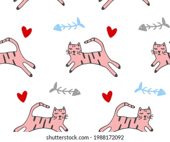 Abstract Hand Drawing Cute Cats Hearts and Fishbones Seamless Vector Pattern Isolated Background