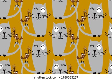 Abstract Hand Drawing Cute Cats and Birds Seamless Vector Pattern Isolated Background 