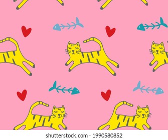 Resumen Dibujo a mano Corazón de Gatos Cutetos y Pescones Patrón vectorial sin rompeolas Fondo aislado