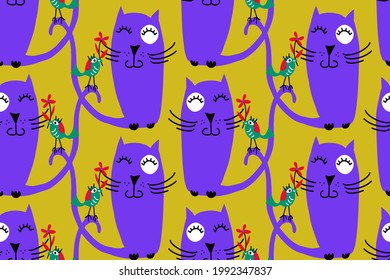 Resumen Dibujo a mano de gatos y aves sin mar Patrón vector aislado fondo 