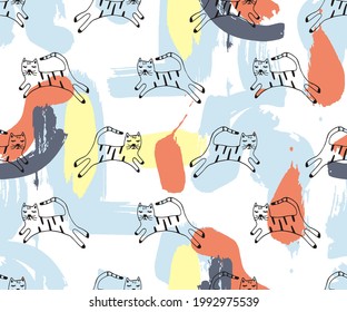 Abstract Hand Drawing Cute Cats and Brush Strokes Seamless Vector Pattern Isolated Background