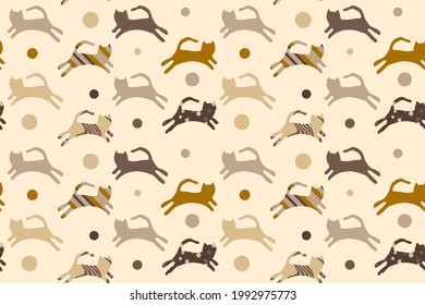 Abstract Hand Drawing Cute Cats and Dots Seamless Vector Pattern Isolated Background