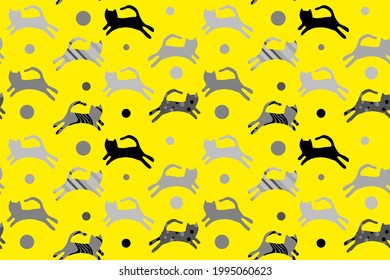 Abstract Hand Drawing Cute Cats and Dots Seamless Vector Pattern Isolated Background