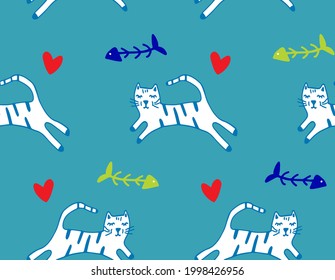 Resumen Dibujo a mano Corazón de Gatos Cutetos y Pescones Patrón vectorial sin rompeolas Fondo aislado