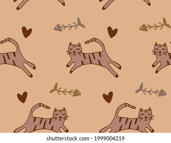 Abstrakte handgezeichnete, scharfe Katzen Herz- und Fischknochen Nahtlose Vektormuster einzeln auf Hintergrund