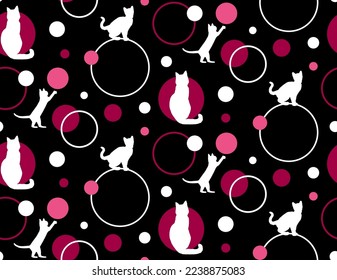 Abstract Hand Drawing Cute Cats Polka Dots and Circles Seamless Vector Pattern Isolated Background