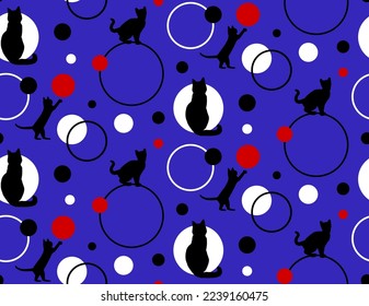 Abstract Hand Drawing Cute Cats Polka Dots and Circles Seamless Vector Pattern Isolated Background