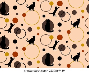 Resumen Dibujo Mano Cute Gatos Puntos de Polka y Círculos Patrón Vector sin Marea Fondo aislado
