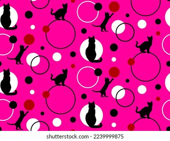 Abstract Hand Drawing Cute Cats Polka Dots and Circles Seamless Vector Pattern Isolated Background