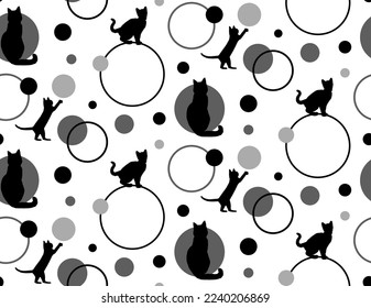 Resumen Dibujo Mano Cute Gatos Puntos de Polka y Círculos Patrón Vector sin Marea Fondo aislado