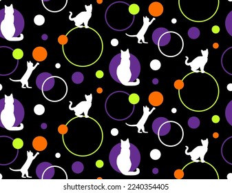 Abstract Hand Drawing Cute Cats Polka Dots and Circles Seamless Vector Pattern Isolated Background