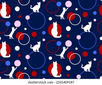 Abstract Hand Drawing Cute Cats Polka Dots and Circles Seamless Vector Pattern Isolated Background