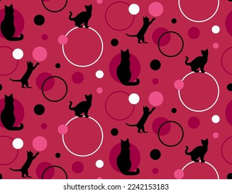 Abstract Hand Drawing Cute Cats Polka Dots and Circles Seamless Vector Pattern Isolated Background