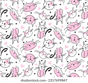 Abstract Hand Drawing Cute Cats Hearts and Dots Doodle Seamless Vector Pattern Isolated Background