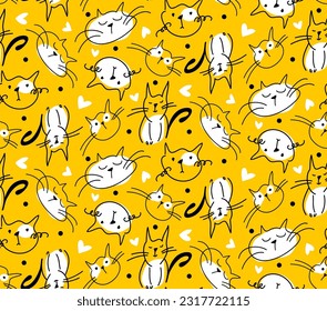 Abstract Hand Drawing Cute Cats Hearts and Dots Doodle Seamless Vector Pattern Isolated Background