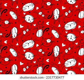 Abstract Hand Drawing Cute Cats Hearts and Dots Doodle Seamless Vector Pattern Isolated Background