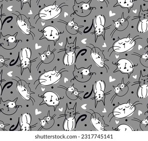 Abstract Hand Drawing Cute Cats Hearts and Dots Doodle Seamless Vector Pattern Isolated Background