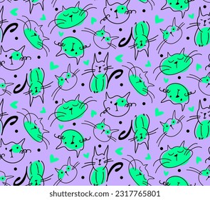 Resumen Dibujo Mano Cuta Gatos Corazones y puntos Doodle Patrón vector sin soldadura Fondo aislado