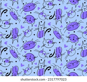 Abstract Hand Drawing Cute Cats Hearts and Dots Doodle Seamless Vector Pattern Isolated Background