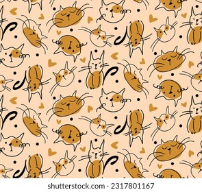 Resumen Dibujo Mano Cuta Gatos Corazones y puntos Doodle Patrón vector sin soldadura Fondo aislado