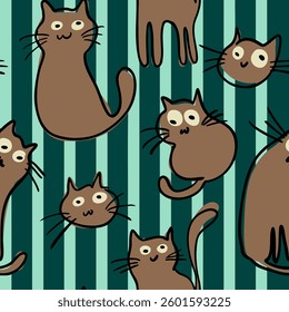 Abstract Hand Drawing Cute Cats Seamless Vector Textile Pattern Fabric Design with Isolated Green Vertical Striped Background