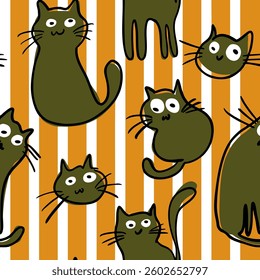 Abstract Hand Drawing Cute Cats Seamless Vector Textile Pattern Fabric Design with Isolated Vertical Striped Background