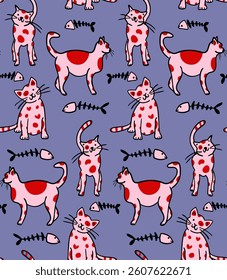 Abstract Hand Drawing Cute Childish Cats and Fishbones Seamless Vector Doodle Pattern Isolated Background