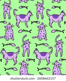 Abstract Hand Drawing Cute Childish Cats and Fishbones Seamless Vector Doodle Pattern Isolated Background