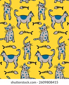 Abstract Hand Drawing Cute Childish Cats and Fishbones Seamless Vector Doodle Pattern Isolated Background