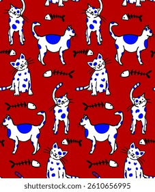 Abstract Hand Drawing Cute Childish Cats and Fishbones Seamless Vector Doodle Pattern Isolated Background