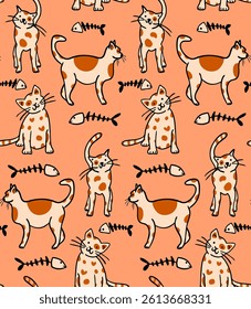 Abstract Hand Drawing Cute Childish Cats and Fishbones Seamless Vector Doodle Pattern Isolated Background