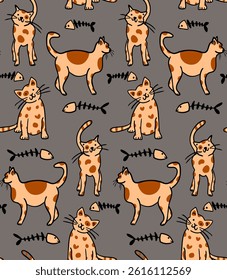 Abstract Hand Drawing Cute Childish Cats and Fishbones Seamless Vector Doodle Pattern Isolated Background