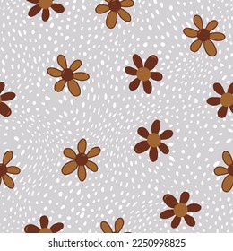 Abstract Hand Drawing Cute Daisies with Dots Seamless Vector Pattern Isolated Background 