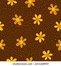 Abstract Hand Drawing Cute Daisies with Dots Seamless Vector Pattern Isolated Background 
