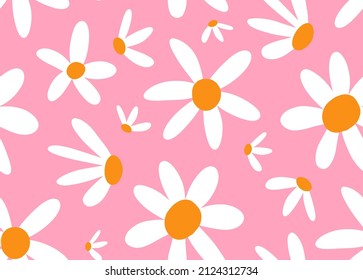 Abstract Hand Drawing Cute Daisy Flowers Seamless Vector Pattern Isolated Background