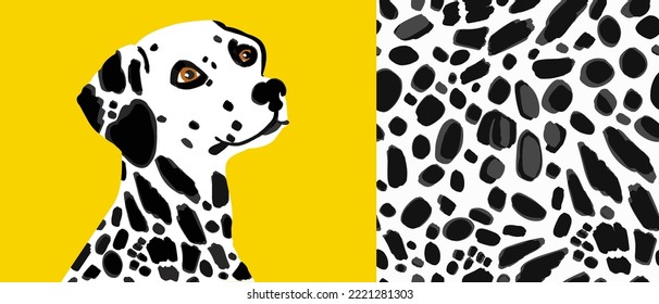 Abstract Hand Drawing Cute Dalmatian Dog Portrait Placement Print and Dalmatian Leopard Cheetah Skin Seamless Vector Pattern Isolated Background 