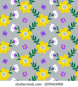 Abstract Hand Drawing Cute Ditsy Chamomile Daisy Spring Summer Flowers and Leaves Seamless Vector Pattern Isolated Background