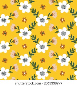 Abstrakte Handzeichnung Ziegenstich Kamille Daisy Frühlingsblumen und Blätter Nahtlose Vektormuster einzeln auf Hintergrund