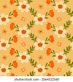 Abstrakte Handzeichnung Ziegenstich Kamille Daisy Frühlingsblumen und Blätter Nahtlose Vektormuster einzeln auf Hintergrund