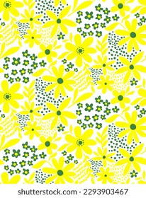 Abstract Hand Drawing Cute Ditsy Mix Flowers Leaves and Geometric Shapes Seamless Vector Pattern Isolated Background