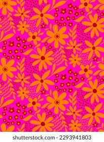 Abstract Hand Drawing Cute Ditsy Mix Flowers Leaves and Geometric Shapes Seamless Vector Pattern Isolated Background