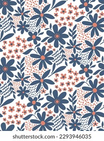 Abstract Hand Drawing Cute Ditsy Mix Flowers Leaves and Geometric Shapes Seamless Vector Pattern Isolated Background
